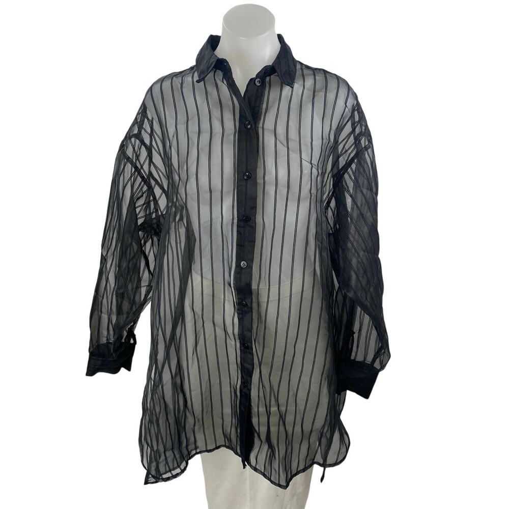 Topshop Women's Black Sheer Mesh Striped Long Sleeve Button Down Tunic Dress 4